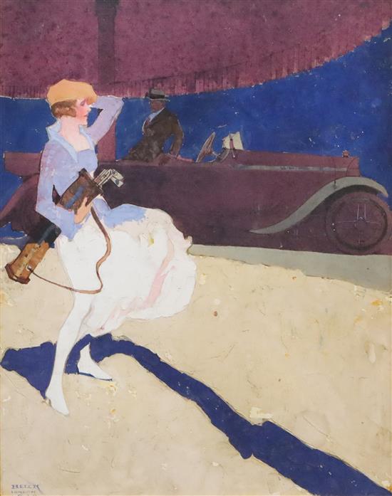 Peter Helck (American, 1893-1988) 1920s lady golfer and sports car 15 x 12in.